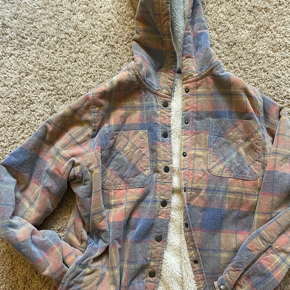 Plaid Corduroy Hooded Sherpa Jacket M